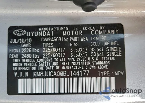 2011 Hyundai Tucson Gls z USA, uszkodzony, nr VIN KM8JUCAC8BU144177